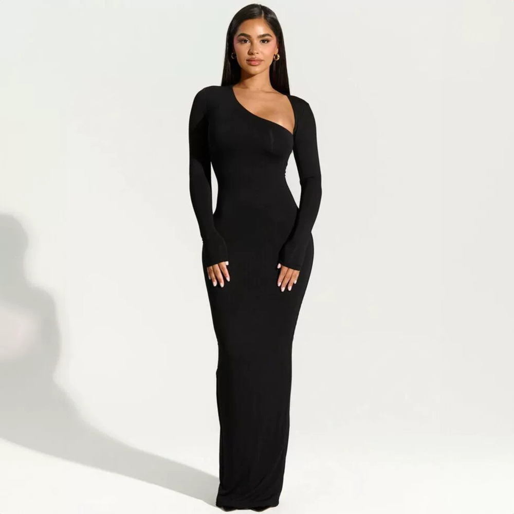 ZARA Sexy Fall Women Long Sleeve Asymmetric Neckline Slim Fit Back Slit Dress